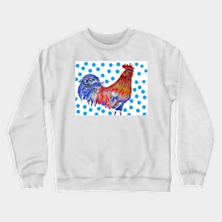 Rooster Watercolor Painting with Blue Polka Dots Crewneck Sweatshirt